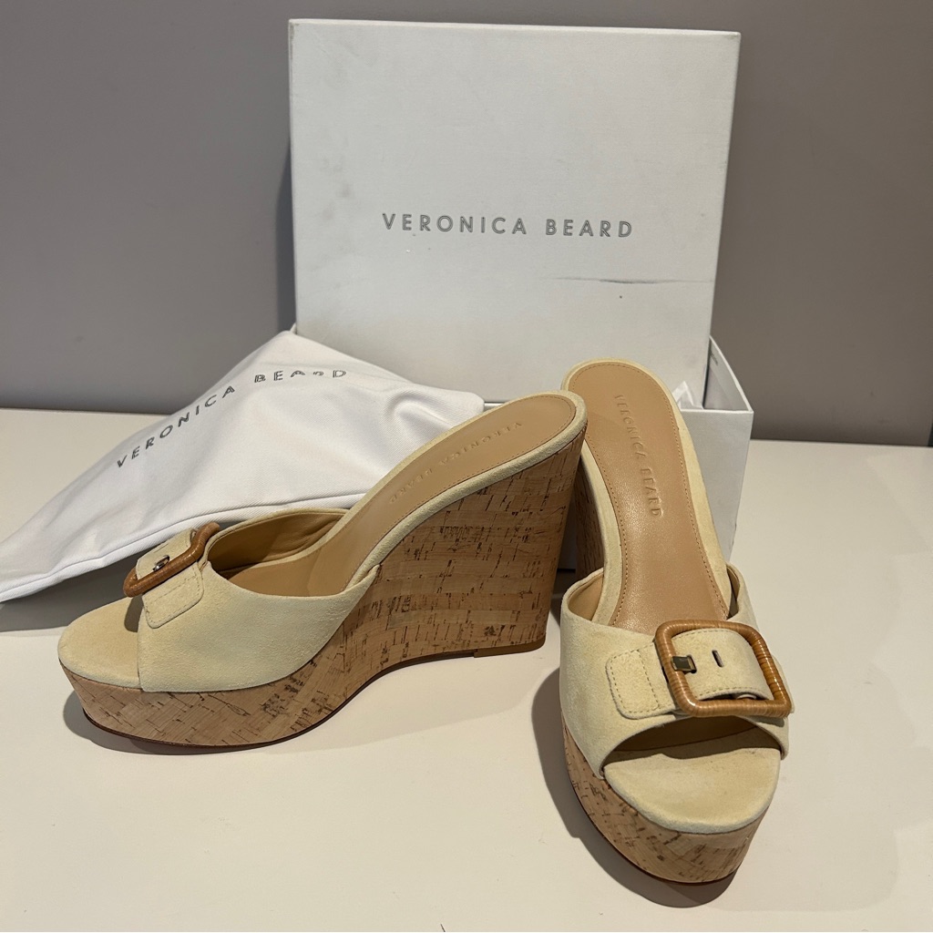 Veronica Beard Donata Wedge Sandals Tan Size 9 Open Toe